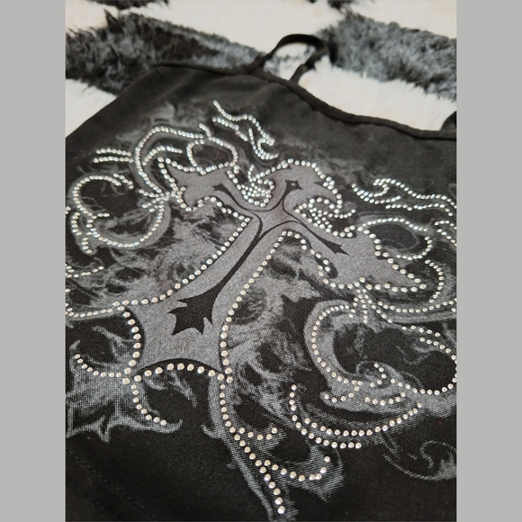 Tops - Black Crop Cami - Rhinestone Cross -  XS Goth Grunge